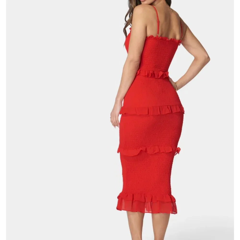 bebe Red Ruffle Midi Dress - Picture 3 of 7